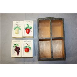 Wooden Spice Rack with 4 Ceramic Spice Containers (2 Missing Plugs)