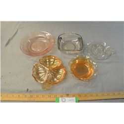 2 Yellow Carnival Glass Dishes and 3 Depression Glass Pieces