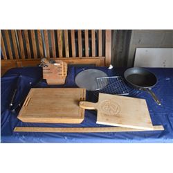 Kitchen Related Items; Cutting Boards, Knife Block, Frying Pan