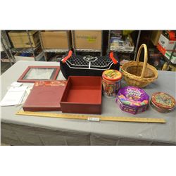 NHL Pillow, Appleton Collectors Box, Wicker Baskets and Tins