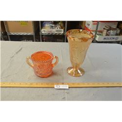 Carnival Glass 2 Handled Bowl, Iris and Herringbone  Vase