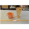Image 1 : Carnival Glass 2 Handled Bowl, Iris and Herringbone  Vase