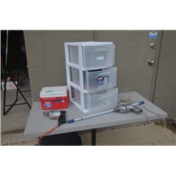Storage Organizer, 2 Electric Drills, and Cooler
