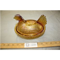 Carnival Glass Chicken on a Nest Dish