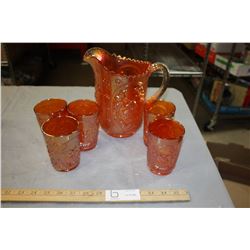 Carnival Glass Pitcher and 5 Cups