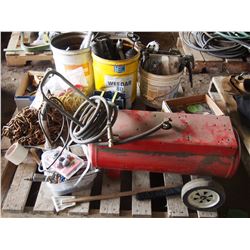 Lot of Castor Wheels, Air Tank, Grease Guns, Tools, Rollerchain, Etc