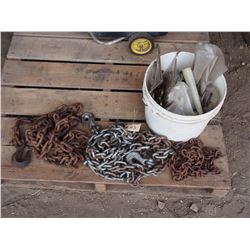 Lot of Clamps, Bolts, 3 Chains