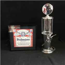 BUDWEISER SHADOW BOX AND GAS PUMP LIQUOR DISPENSER LOT