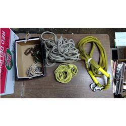 LOT OF ROPE AND TOW ROPE WITH HOOK