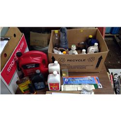 BOX OF CHEMICALS/OILS (SOME NEW) HOUSEHOLD REPAIR ITEMS