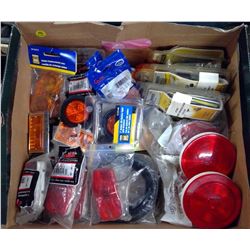 BOX OF TRAILER LIGHTS, ADAPTERS, ECT.