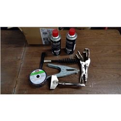 LOT OF CLAMPS, 2 CANS OF WELDING SPRAY, WIRE