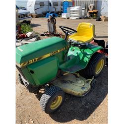 JOHN DEERE 317 MOWER W/ BLADE, TILLER ASSEMBLY, GRASS BAGS ATTACHMENTS