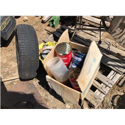 BOX OF CANS, BUCKET OF PULLEYS, AND A TIRE
