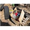 Image 1 : BOX OF CANS, BUCKET OF PULLEYS, AND A TIRE