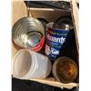 Image 2 : BOX OF CANS, BUCKET OF PULLEYS, AND A TIRE