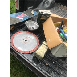 Box of Shop Items and 14" Diamond Blade, Clipper, and Skateboard