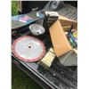 Image 1 : Box of Shop Items and 14" Diamond Blade, Clipper, and Skateboard