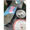 Image 4 : Box of Shop Items and 14" Diamond Blade, Clipper, and Skateboard