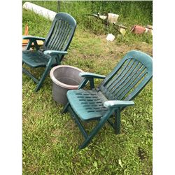 2 Plastic Folding Lawn Chairs and 22" Plastic Pot