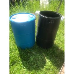 2 45 Gallon Plastic Barrels - 1 Top is Open