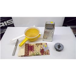 TWO STRAINERS, GRATER, TIMER AND OVEN TOWEL