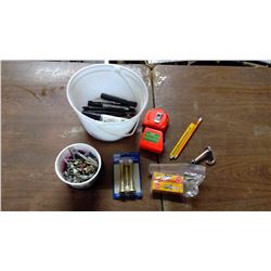 Bucket of Misc. Pins, Screws, and Tape Measures