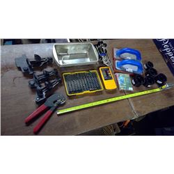 Drill Bits, Rubber Float, Vices, PVC Pipe Scraps, Plastic Organizers, Laser Finder, etc.