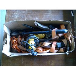 Box of Tie Down Straps, Bolt Cutters, Electric Drill, Wire Brush