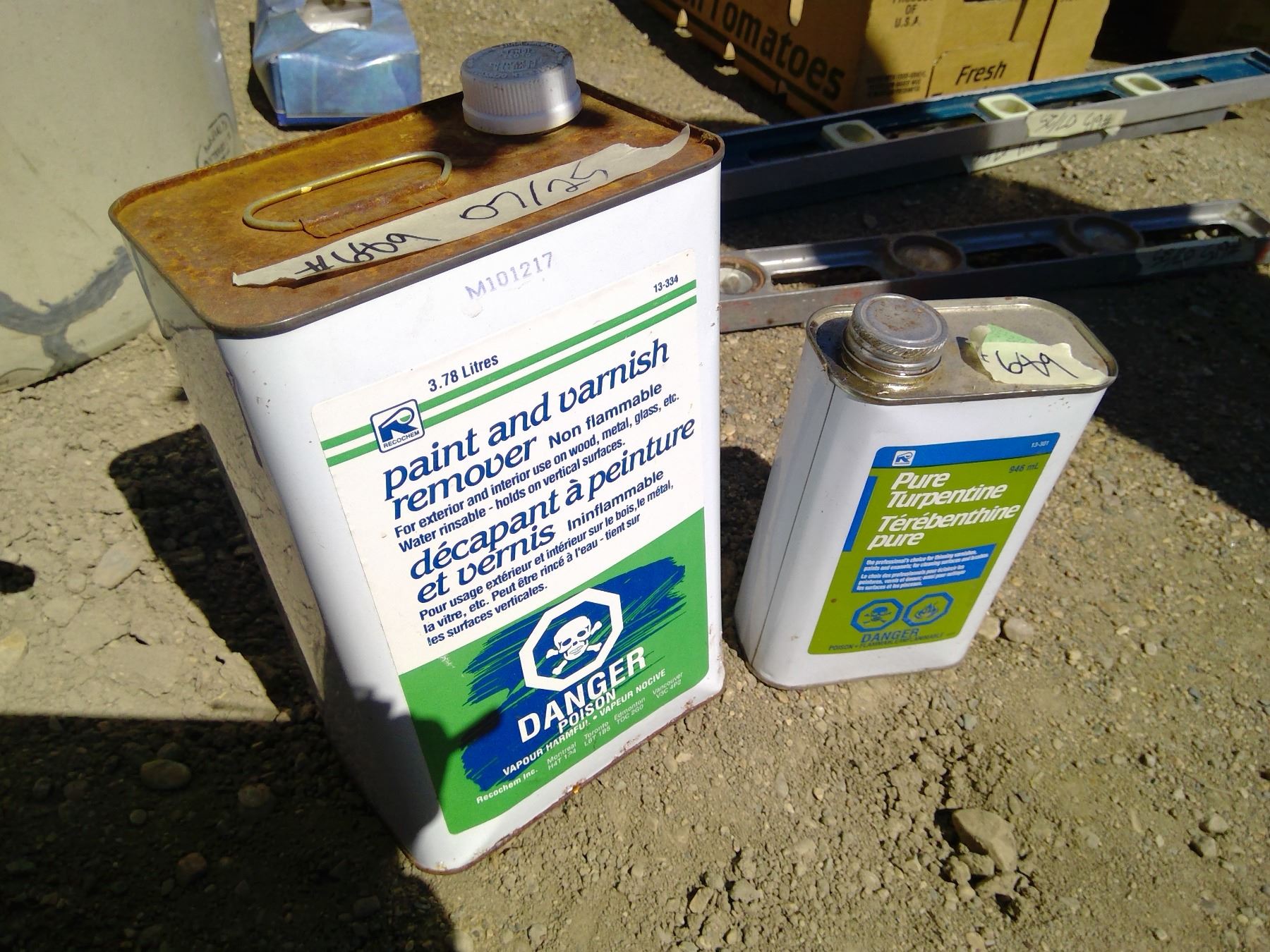Paint and Varnish Remover (empty) and Pure Turpentine (almost full)