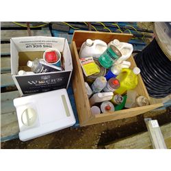 Box of Clear Sealer, Clear Wood Preservative, Olympic Stain, Camp Fuel, etc.
