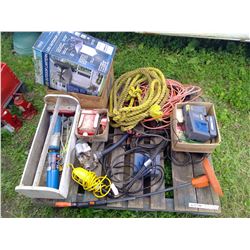 Pallet of Misc. Lights, Toolbox, Ropes, Booster Cables