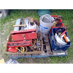 Pallet of Ropes, Pulleys, Metal Items, Toolbox