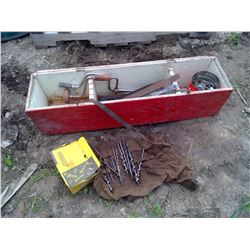 Wooden Red Toolbox w/ Misc. Tools