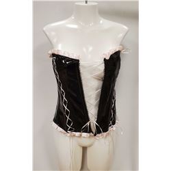PEECABOO 2PC WOMENS BLACK PLEATHER & PINK BUSTIER.