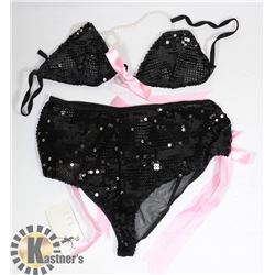 PEECABOO 2PC WOMENS BLACK LACE/ SEQUINS & PINK W/