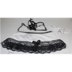PEECABOO 3PC WOMENS WHITE SATIN/ BLACK LACE &
