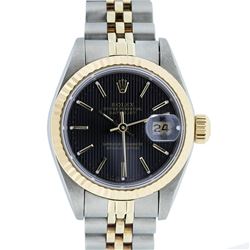 Rolex Ladies 2 Tone 14K Gold Black Tapestry Fluted Bezel Datejust Wristwatch