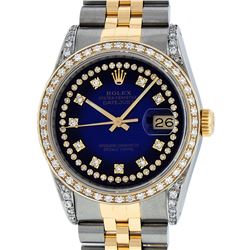 Rolex Mens 2 Tone 14K Blue Vignette String Diamond Lugs Datejust Wristwatch