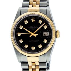 Rolex Mens 2 Tone 14K Black Diamond 36MM Datejust Wristwatch