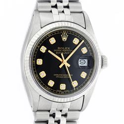 Rolex Mens Stainless Steel 36MM Black Diamond Datejust Wristwatch With Rolex Box