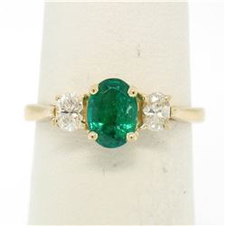 14k Solid Yellow Gold 1.03 ctw Three Stone Prong Set Oval Emerald & Diamonds Rin