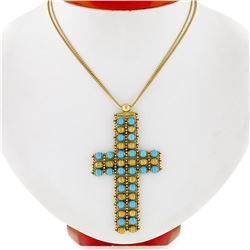 18k Yellow Gold  Flexible Movable Turquoise Bead Cross Pendant Chain