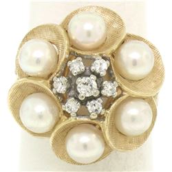 14k Yellow Gold 0.30 ctw Round Diamond & Pearl Cluster Ring w/ Florentine Finish