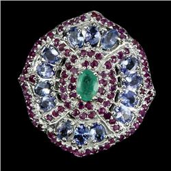 Natural Green  Emerald Ruby  & Tanzanite Ring