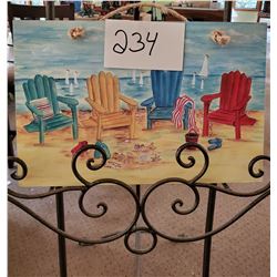 Beach Chairs and Sailboats on pressed board 16"w x 10 1/2"h