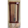 Image 1 : Pool table cue stick rack with 9 cue sticks 25"w x 55"h - 2 racks