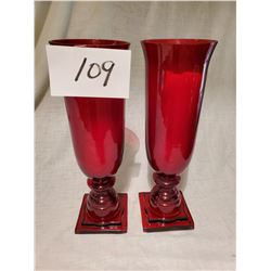 Pair of Ruby Red Class candle vases - approx 6"d x 17 1/2"t