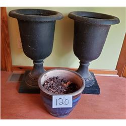 3 pc Outdoor Urns and Planter Urns 18"d x 29"h - Fiberglass Planter 14 1/2"d x 12"h Glazed Pottery