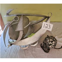 Pair of art work - Large Aluminum possibly marine design and smaller iron with ball – approx: Alumin